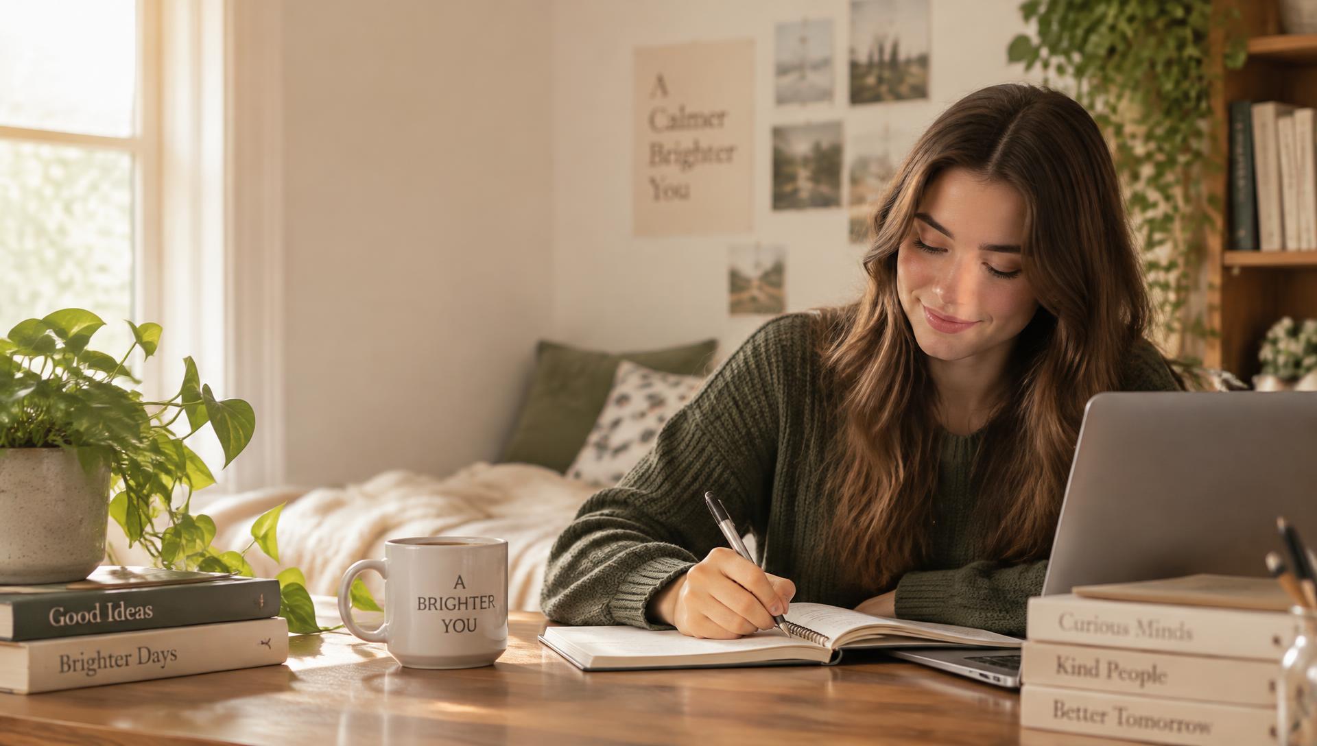 Étudiante prenant des notes à son bureau